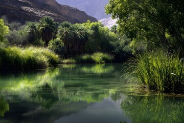 Obraz premium Emerald green desert oasis reflecting towering palms in tranquil golden hour light