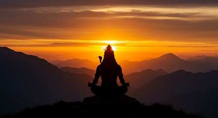 Sunrise meditation silhouette on mountain