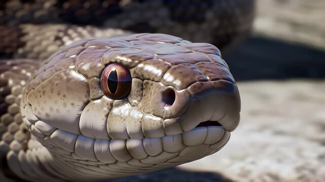 Detailed Close Up of a Western Diamondback Rattlesnake (Crotalus atrox) Head Revealing Intricate Diamond Pattern Scales in Beige Brown and Dark Spots Perfect for Wildlife Reptile Nature Content on a