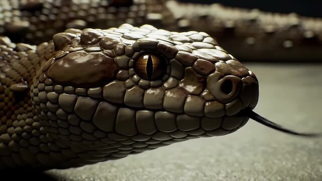 Detailed Close Up of a Western Diamondback Rattlesnake Crotalus atrox Featuring Intricate Scale Patterns and Piercing Yellow Eyes in High Resolution Capturing its Distinctive Features and Textures on