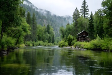 Calm river with lush green banks and quaint wooden bridge in peaceful countryside