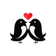Vector icon of two birds kissing on branch with heart romantic love.