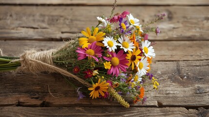 Vibrant wildflower bouquet tied with twine on rustic wooden background