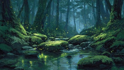 Mystical forest stream at night, glowing fireflies