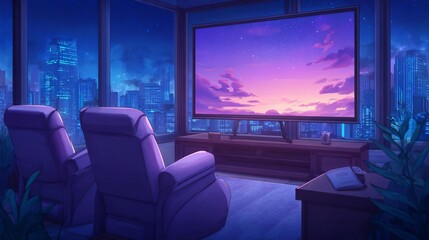 Cozy living room with modern furniture and a stunning cityscape at sunset view.