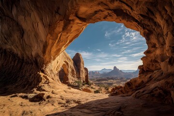 Rugged Amber Sandstone Arch with Weathered Curves for Desert Landscape Beauty