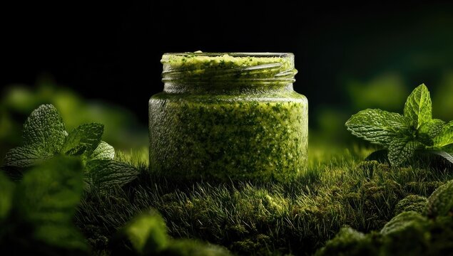 Green pesto in a jar, surrounded by fresh mint and moss - Powered by Adobe