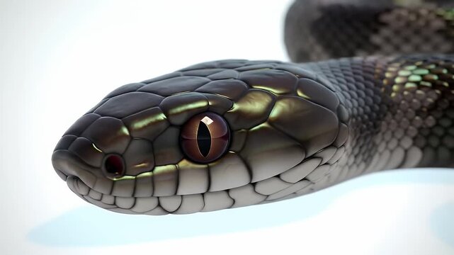 Detailed Close Up of Brown Snake with Intricate Scale Patterns and Piercing Eyes on Clean White Background High Angle Shot Revealing Texture Wildlife and Reptilian Beauty Perfect for Educational