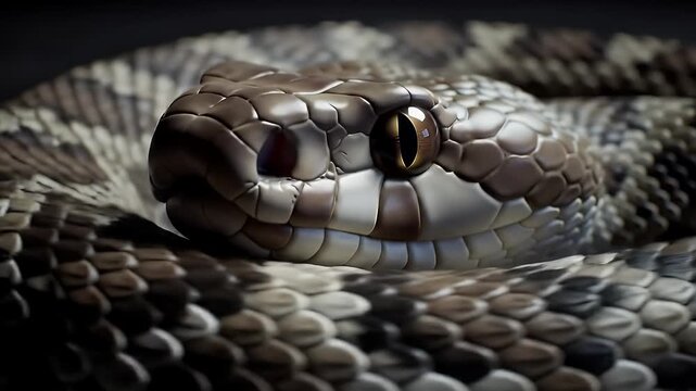 Detailed Close Up of Coiled Eastern Diamondback Rattlesnake with Intricate Scale Patterns Diamond Markings and Focused Gaze Dangerous Venomous Reptile Wildlife Menace and Nature Beauty in Eye Level