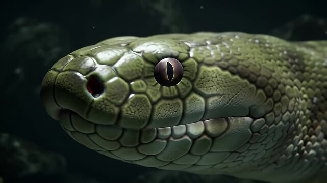 Detailed Close Up of Green Anaconda Head Underwater Scales Patterns and Striking Eyes in Dark Ambiance Revealing Wild Nature Life Unveiling the Beauty and Danger of Aquatic Ecosystems for Wildlife