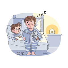 Tired dad reading a bedtime story to his son with love and patience, creating cherished memories during a cozy nighttime routine, embodying family bonding and togetherness