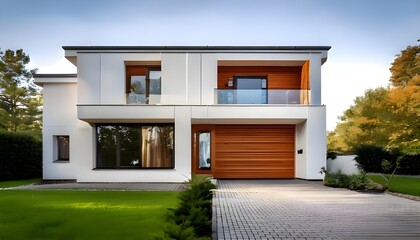 This modern, two-story, minimalist home features a white facade with wood accents on the garage door. A balcony on the upper floor features a green lawn in front of the house.