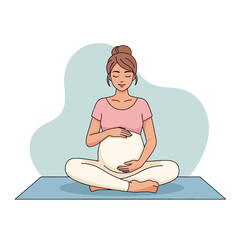 Serene pregnant woman in lotus pose practicing yoga meditation, embracing new life and inner peace on her mat