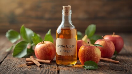 Naklejka premium Bottle of apple cider vinegar with fresh apples and cinnamon sticks