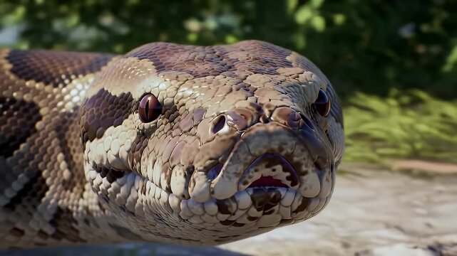 Detailed Close-Up of Reticulated Python Head with Brown and Black Scales Near River Bank Under Natural Sunlight Revealing Intricate Patterns in Outdoors Setting Highlighting Wild Animal and Reptile