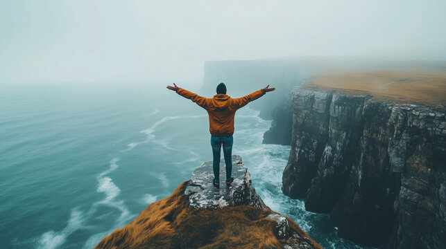 a person standing at the edge of a cliff with wide open arms facing the ocean - Powered by Adobe