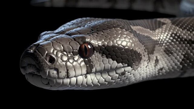 Detailed Close Up of Reticulated Python Head with Scale Patterns on Black Background Emphasizing Texture and Intricate Design A Dramatic Eye Level View of Wildlife Beauty For Educational Decoration
