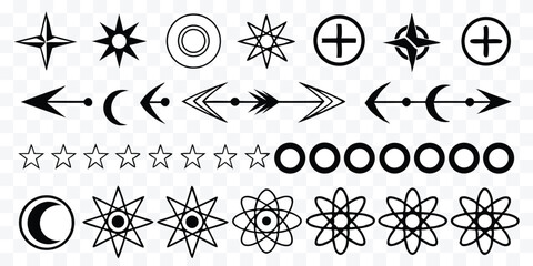 Collection of Vector Graphic Design Elements Including Stars Moons Arrows and Geometric Shapes in Black and White