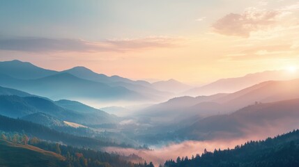 Peaceful sunrise over layered mountain range with warm mist filling the valley, AI-enhanced atmospheric realism 