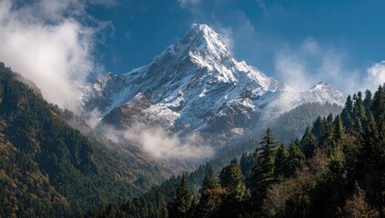 Fototapeta premium Snow-capped Himalayan peak, valley, forest, clouds, sunrise, travel poster