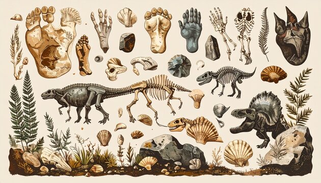 Fossil vector. Archeologic fossil dig set. Dinosaur dino foot, sea animal, fish skele