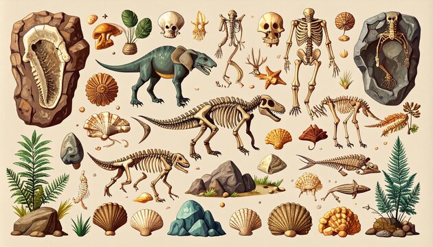Fossil vector. Archeologic fossil dig set. Dinosaur dino foot, sea animal, fish skele