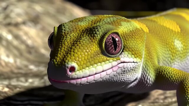 Detailed Gold Dust Day Gecko Close Up Phelsuma Laticauda with Maroon Eyes and Scaled Texture Eye Level View of Tropical Reptile Exotic Wildlife Perfect for Decoration Backgrounds