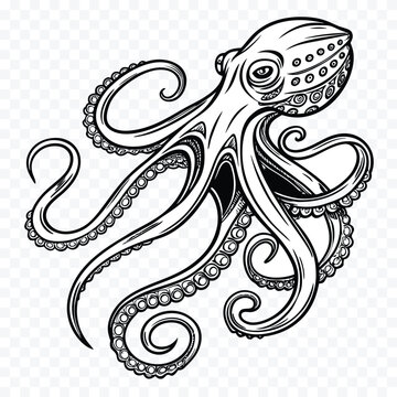 Detailed Octopus Illustration in Black and White with Intricate Tentacles and Suckers for Nautical and Marine Designs