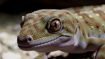 Detailed Macro Portrait of Bibron's Thick-Toed Gecko with Brown Patterned Skin and Expressive Eyes on Rock Texture Shallow Depth of Field Close Up in Natural Lighting, Ideal for Wildlife and