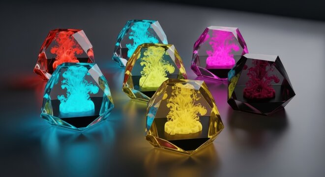 Luminous Crystal Array: Reflecting Vibrant Colored Smoke in Faceted Forms