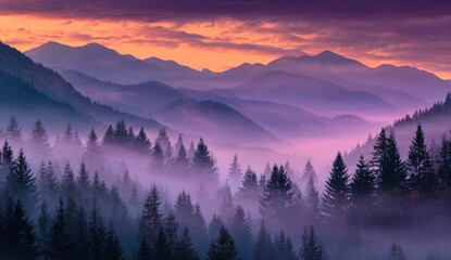 Misty mountain range at sunrise.  Silhouette of trees in a valley
