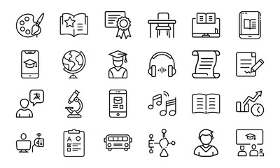 Fototapeta premium 24 Education and School Line Icons Classroom, Online Learning, Graduation, Science, Music, Language, and Study Tools Vector Icon Set for Teachers, Students, and Educational Projects