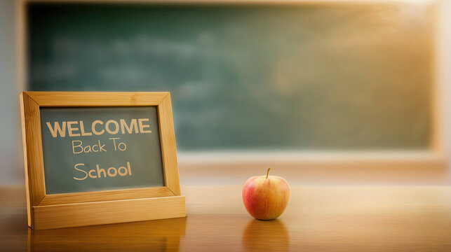 Apple on wooden desk in empty classroom with soft morning light and ‘Welcome Back to School’