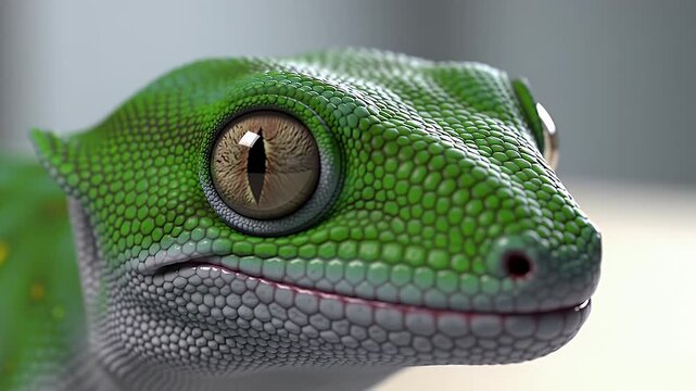 Detailed Portrait of a Green Carolina Anole Lizard with Intricate Scale Patterns and Golden Eyes on a Soft Gray Background Revealing the Beauty and Rich Texture of Wildlife for Educational and Nature
