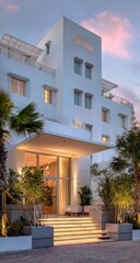 Naklejka premium Modern white building at dusk, illuminated entrance