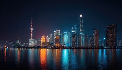 Obraz premium Night cityscape, river reflection, illuminated skyscrapers, bustling city, panoramic view, urban background, travel poster