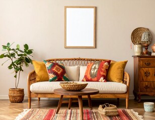 Vintage and cozy space with poster frame, sofa, coffee table, plants, commode
