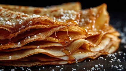Stack of golden brown crepes, drizzled with syrup and sprinkled with sugar
