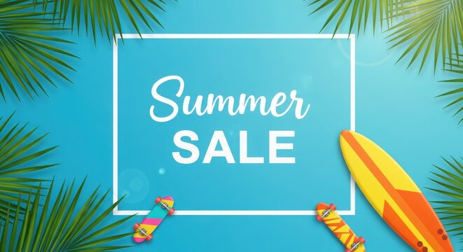 Bright summer sale announcement with surfboard and palm leaves