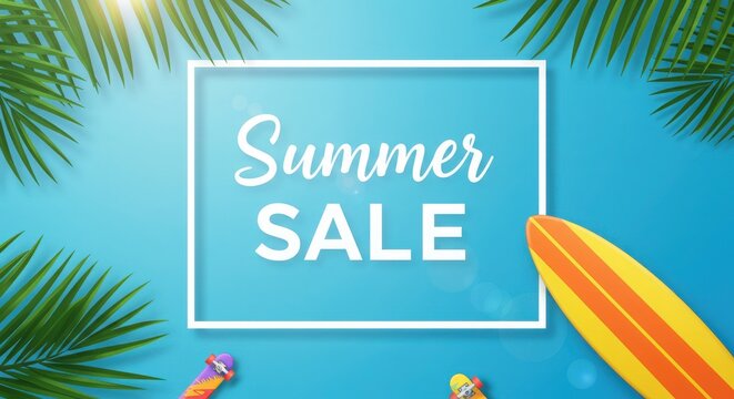 Summer sale announcement with tropical leaves and surfboard