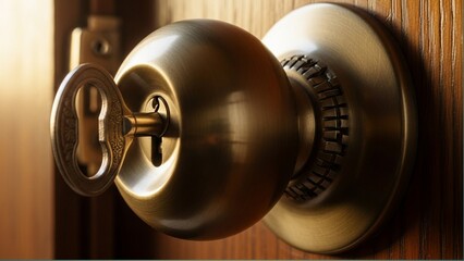 Close-up of a vintage brass door knob with an ornate key inserted, mounted on a wooden door, symbolizing security, privacy, and classic home design