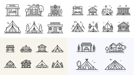 Set of outline vector icons of houses, cabins, cottages, and tents in modern linear style. Perfect for travel, camping, outdoor, eco tourism, real estate, and architecture projects.