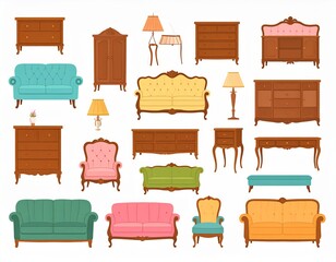 Set of cute antique nightstands, chests of drawers, armchairs, sofas, couches, lamps 