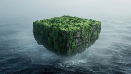 Moss-covered cube floats on a misty sea