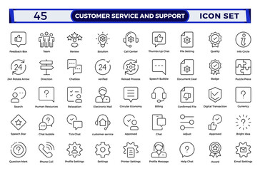 Customer Service and Support - Outline Icon Collection.Thin-line modern style of customer service icons: feedback, technical support, assistance, information, and more.