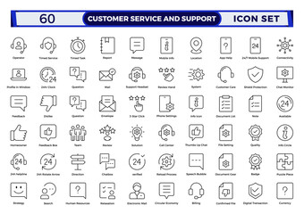 Customer Service and Support - Outline Icon Collection.Thin-line modern style of customer service icons: feedback, technical support, assistance, information, and more.