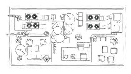 Fototapeta premium Detailed Architectural Top View of a Modern Open-Air Outdoor Bar and Lounge Layout