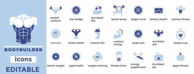 bodybuilder vector icons for fitness, gym, and sports industry branding, web, and app design

