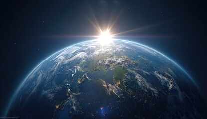 Obraz premium Sunrise Earth view from space, clouds, atmosphere, background stars, planet exploration
