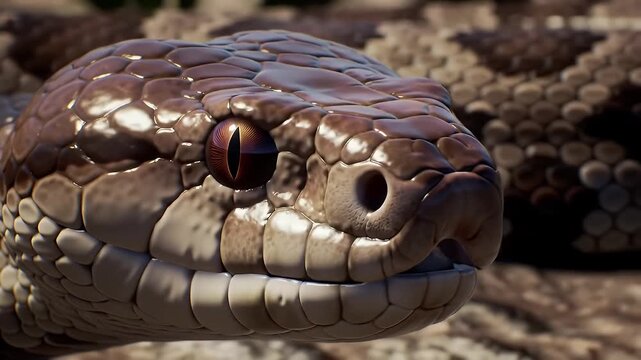 Intimate Close-Up of a Diamondback Rattlesnake Head Showcasing Its Detailed Scales Piercing Amber Eyes and Menacing Gaze in Neutral Background Captivating Animal Wildlife Footage for Educational